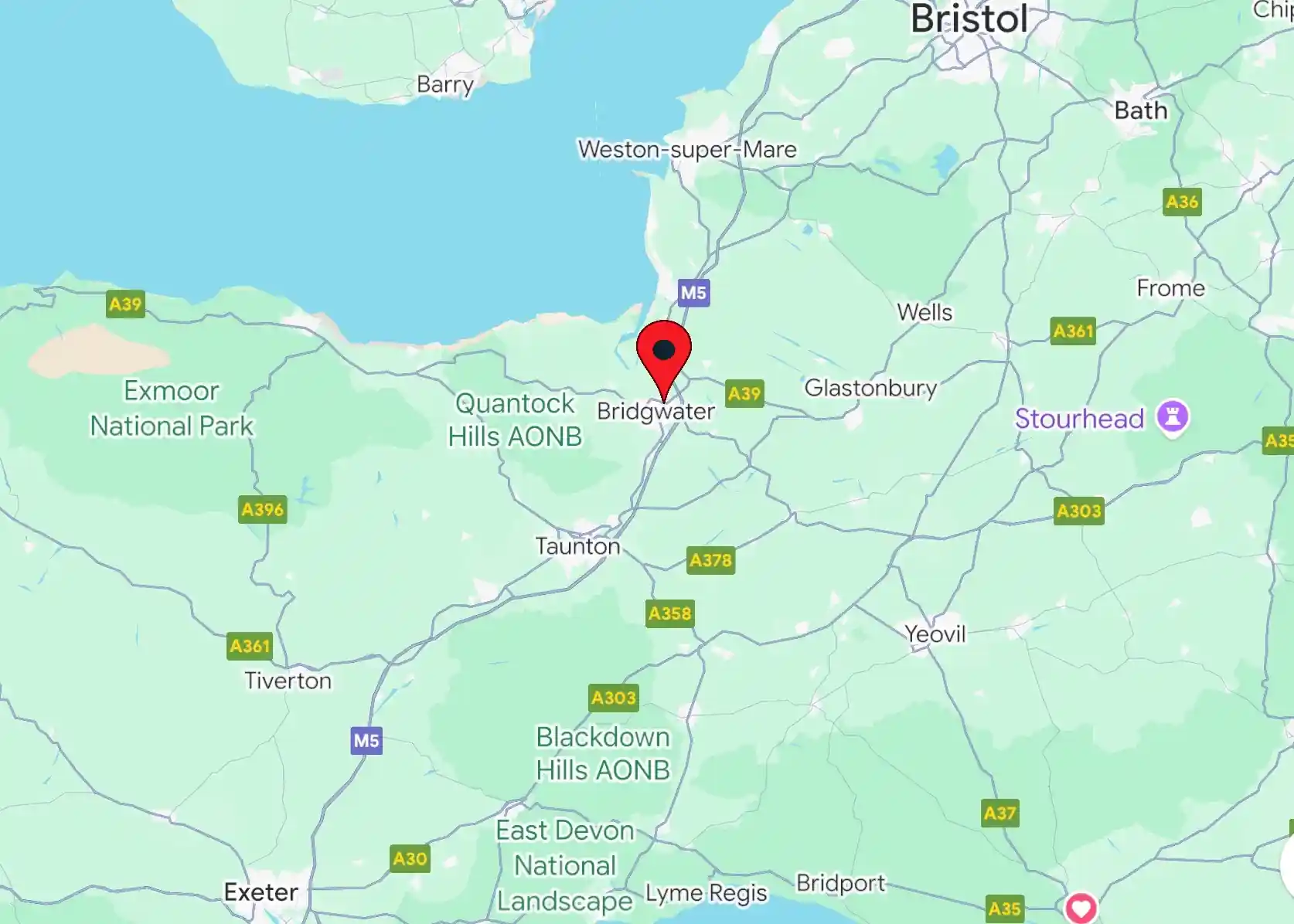 Map showing the Proscape Property Solutions service area, covering Bridgwater, Taunton, and surrounding Somerset areas.