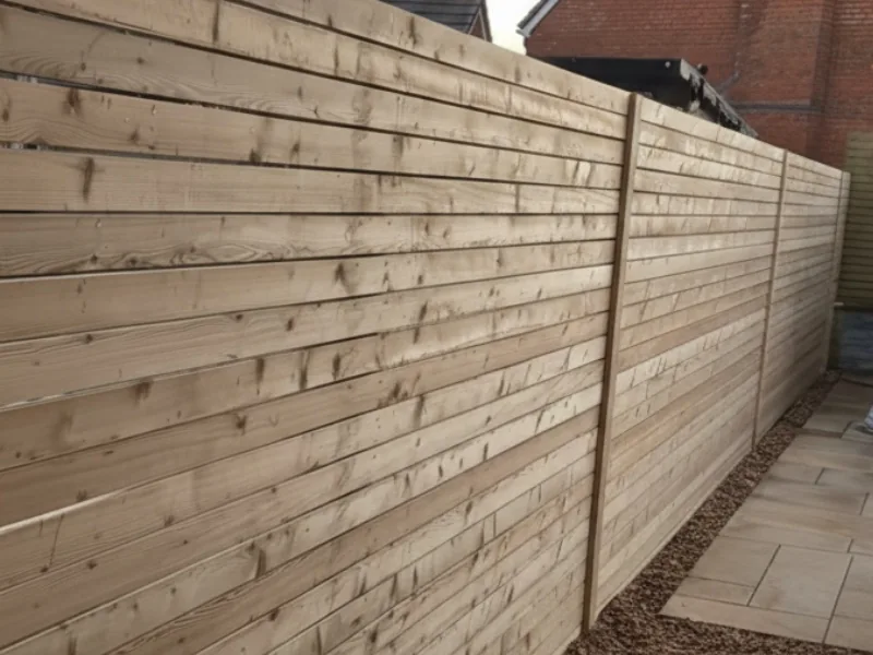 Close-up view of the clean horizontal slatted Larch timber and gravel edging